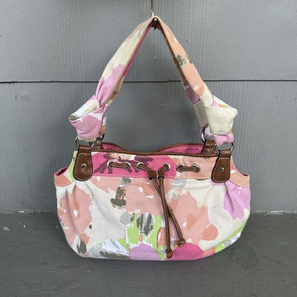 croft & barrow Handbags - Twee Summer Spring Floral Artsy Canvas Vegan Leather Shoulder Bag - Pink Brown